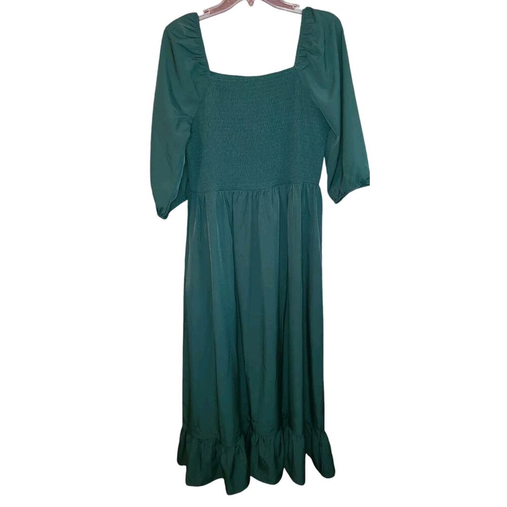 Milkmaid Peasant Smocked Ruffle Emerald Green Midi Dress Size 12 LG Cottagecore - Picture 3 of 7